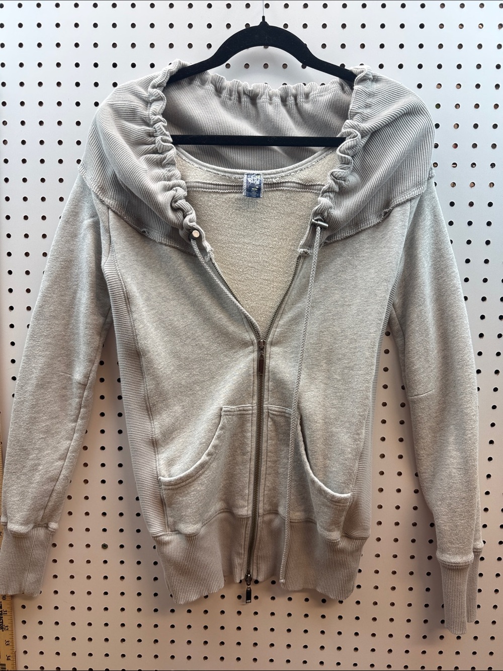Free People Light Gray Drawstring Hooded Zip-Up Sweatshirt